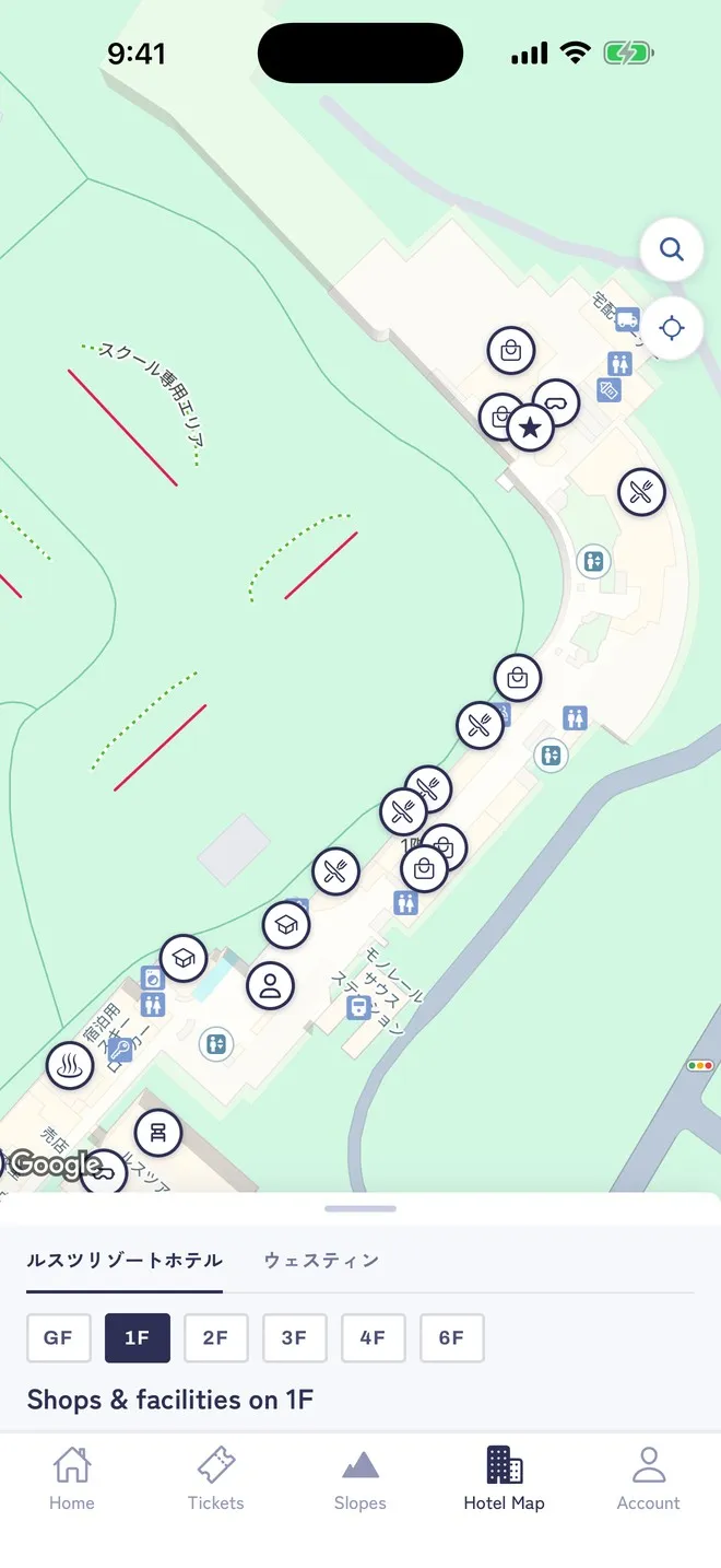 馆内地图画面。留寿都度假酒店 1 楼的店铺与设施